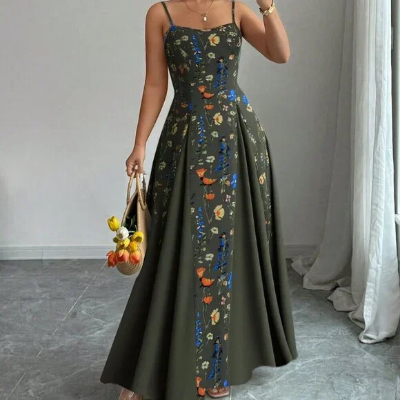 Army Green Boho Women's Elegant Floral Sleeveless Dress - Picture 1 of 5